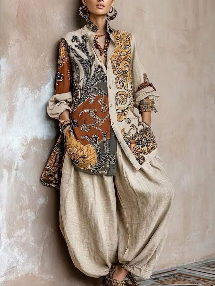 Spring Linen Fabric Print Blou - Linen Pant Wide recension och pris