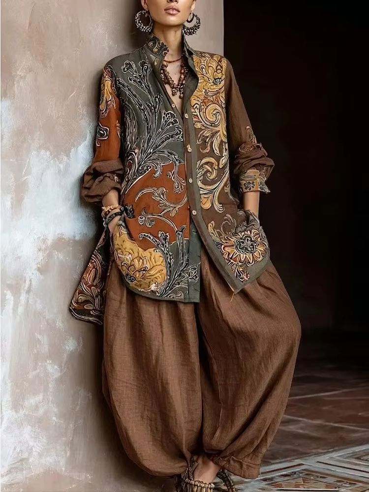 Spring Linen Fabric Print Blou - Linen Pant Wide recension och pris