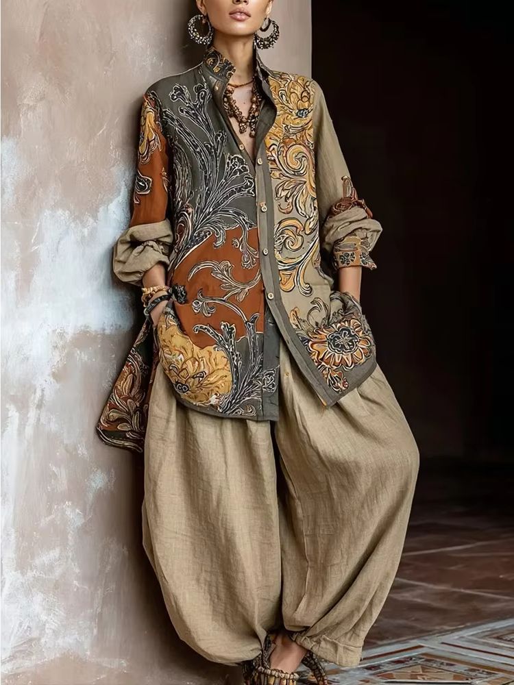Spring Linen Fabric Print Blou - Linen Pant Wide recension och pris