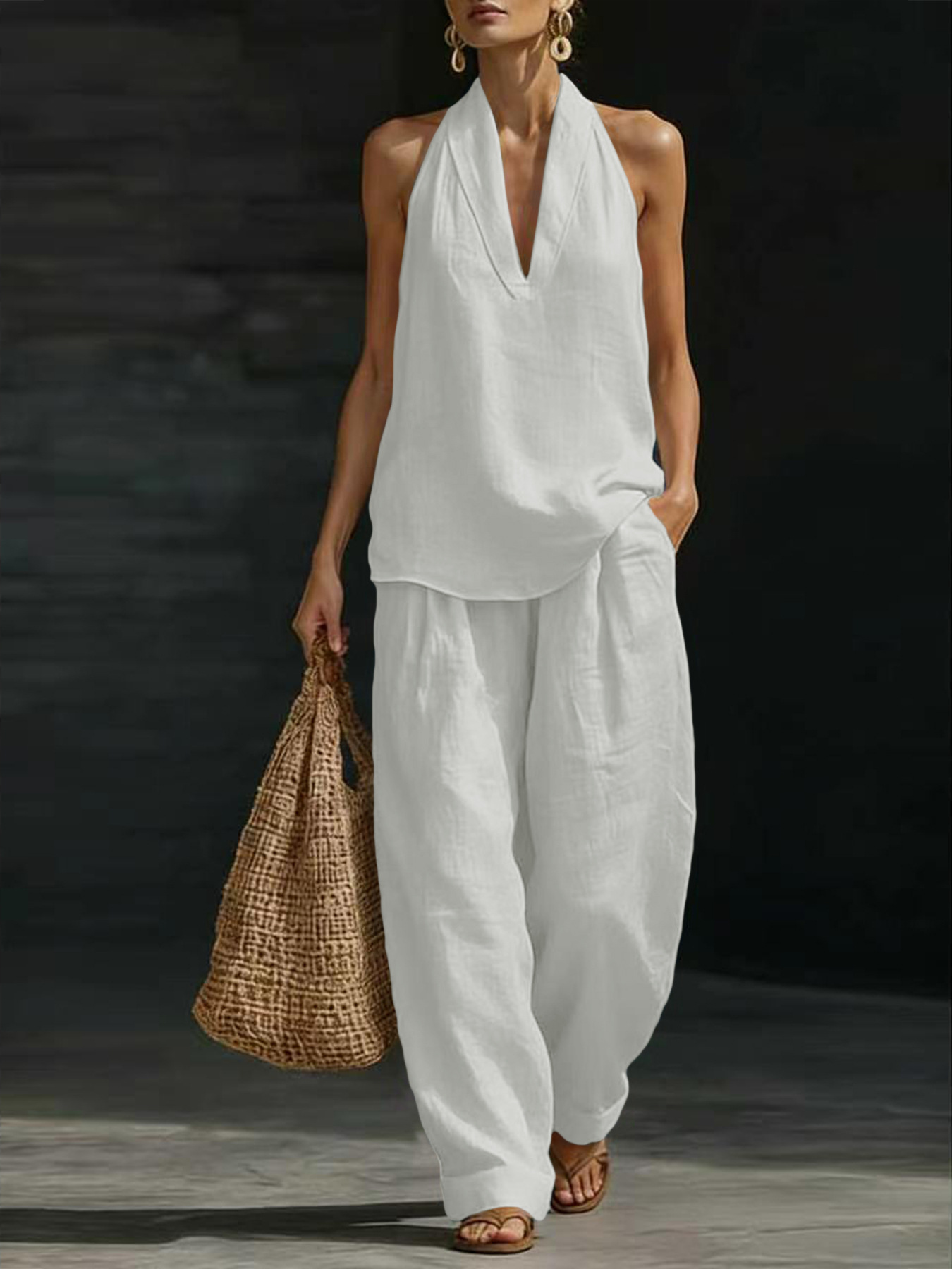 Women Linen 2 Piece Outfit Hal - Linen Pant Wide recension och pris